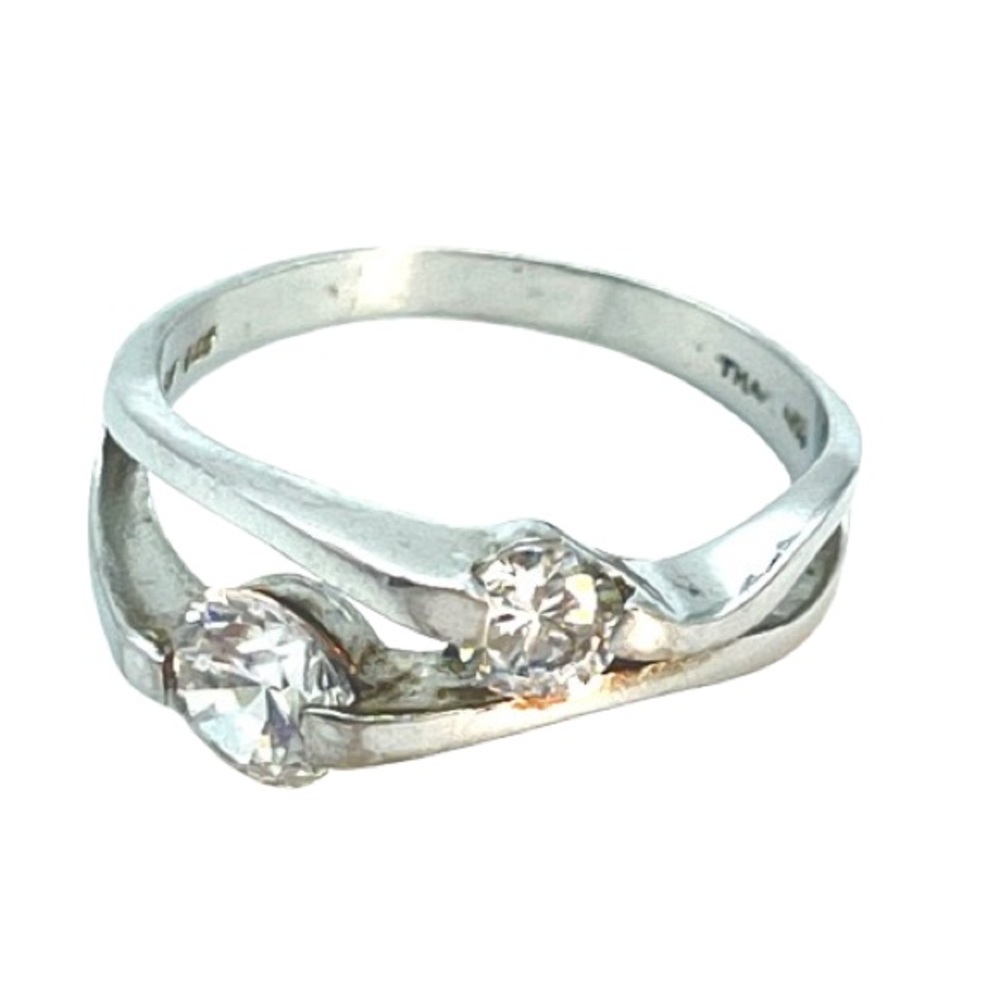Sterling Silver Wave Ring | White Cubic Zirconia Two Stone 925